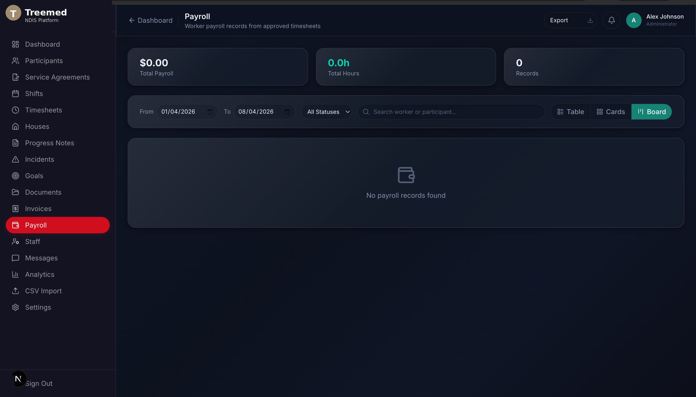 Treemed Payroll — Total payroll, hours, records with date filters and multiple view modes